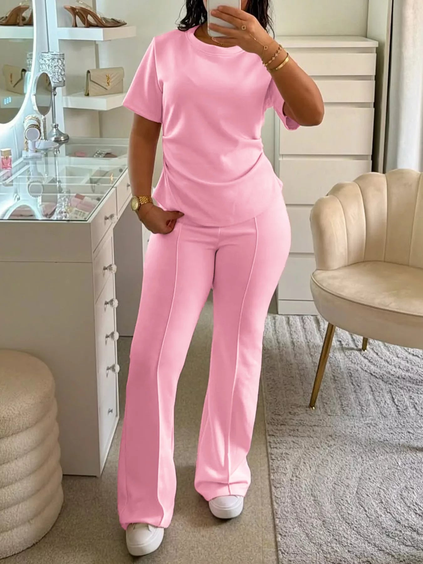 Round Neck Short Sleeve Top and Pants Set