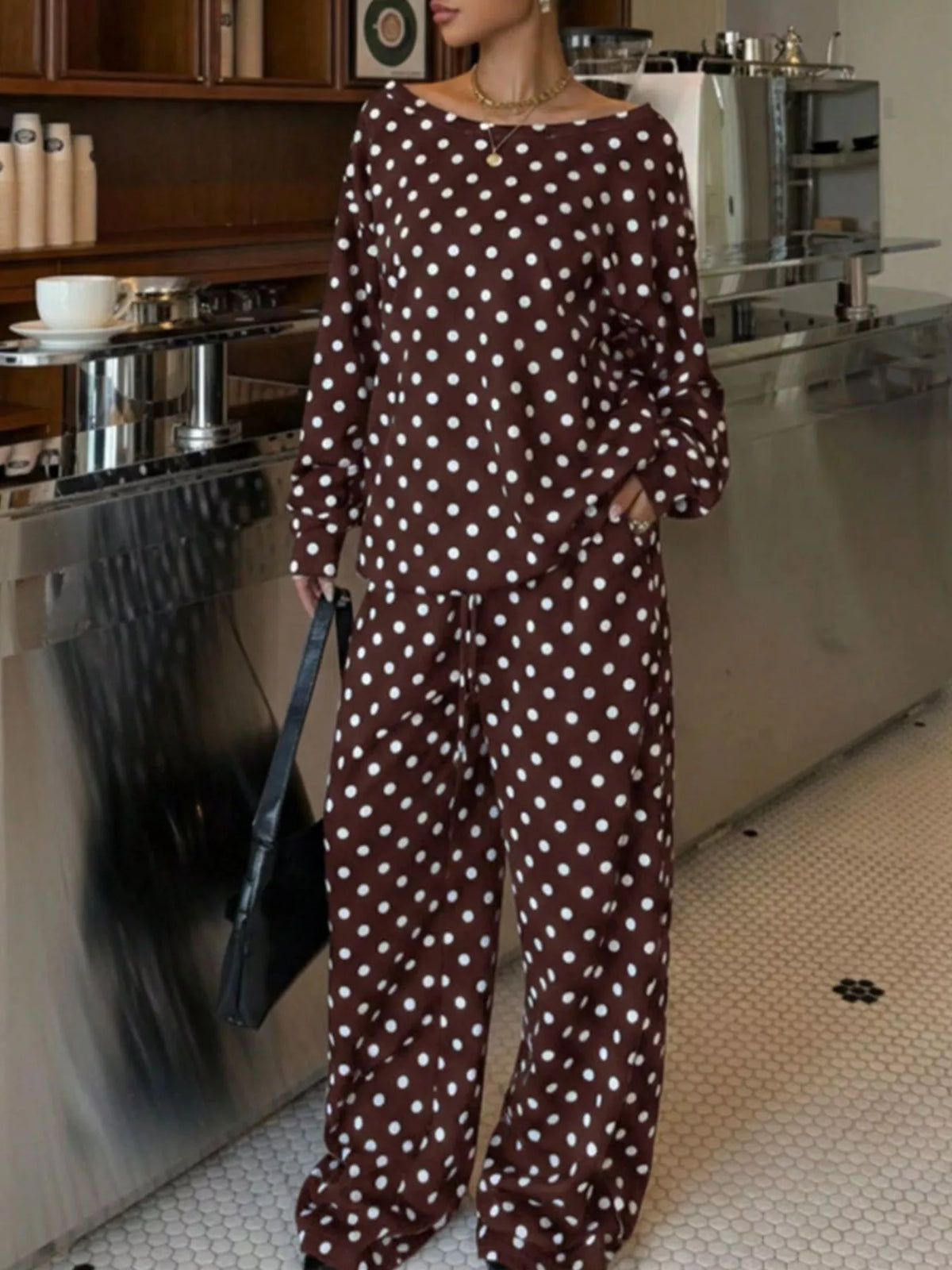 Polka Dot Long Sleeve Top and Pants Set