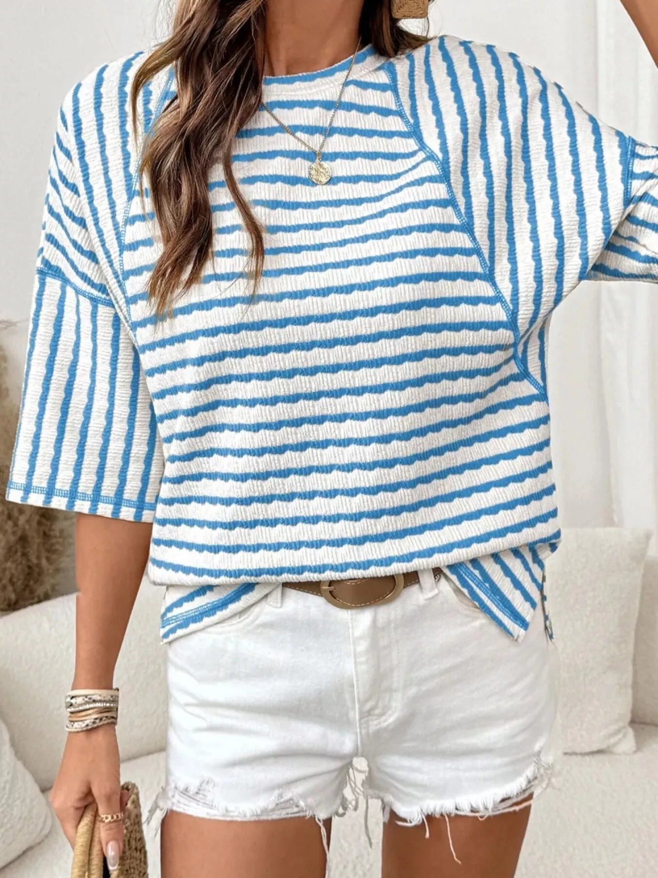 Casual Striped Raglan Sleeve Textured T-Shirt