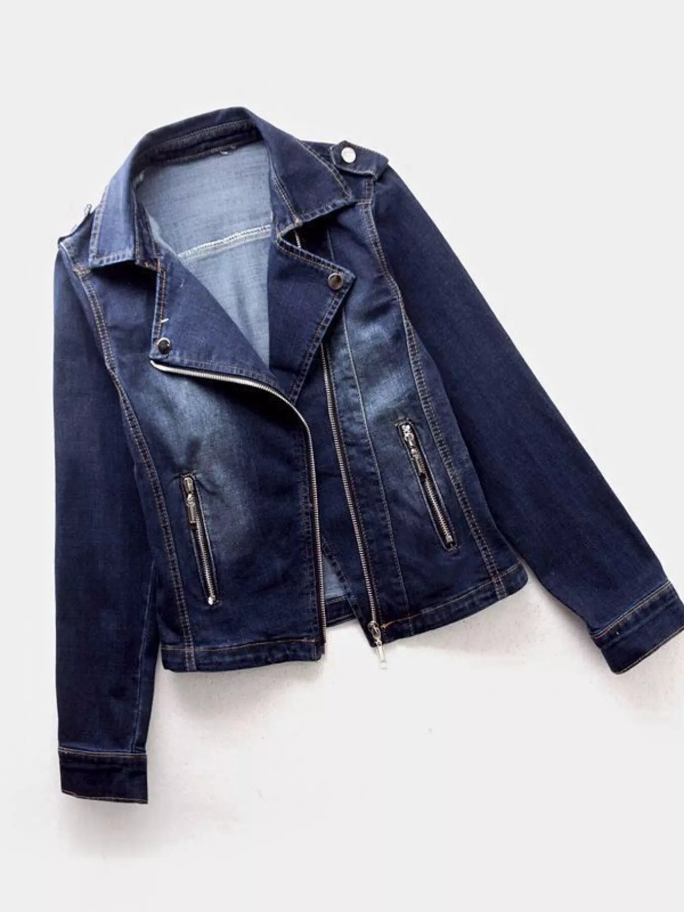 Full Size Asymmetrical Zip Denim Jacket Plus Size