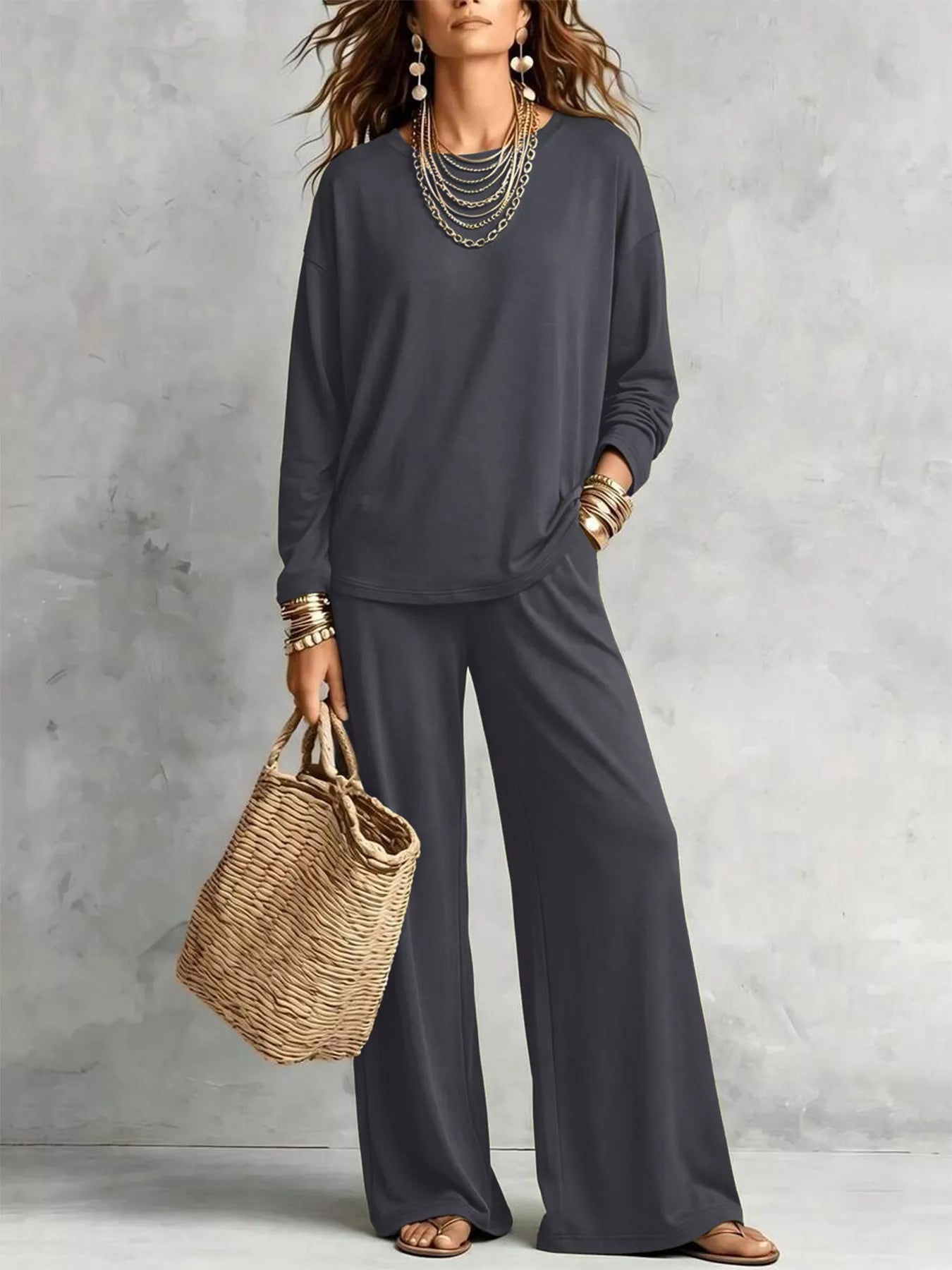 Round Neck T-Shirt and Wide-Leg Pants Set