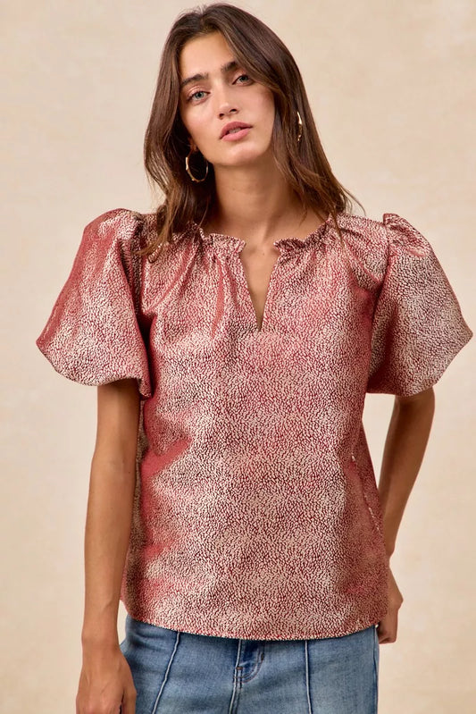 BiBi Jacquard Woven Short Balloon Sleeves V Neck Top