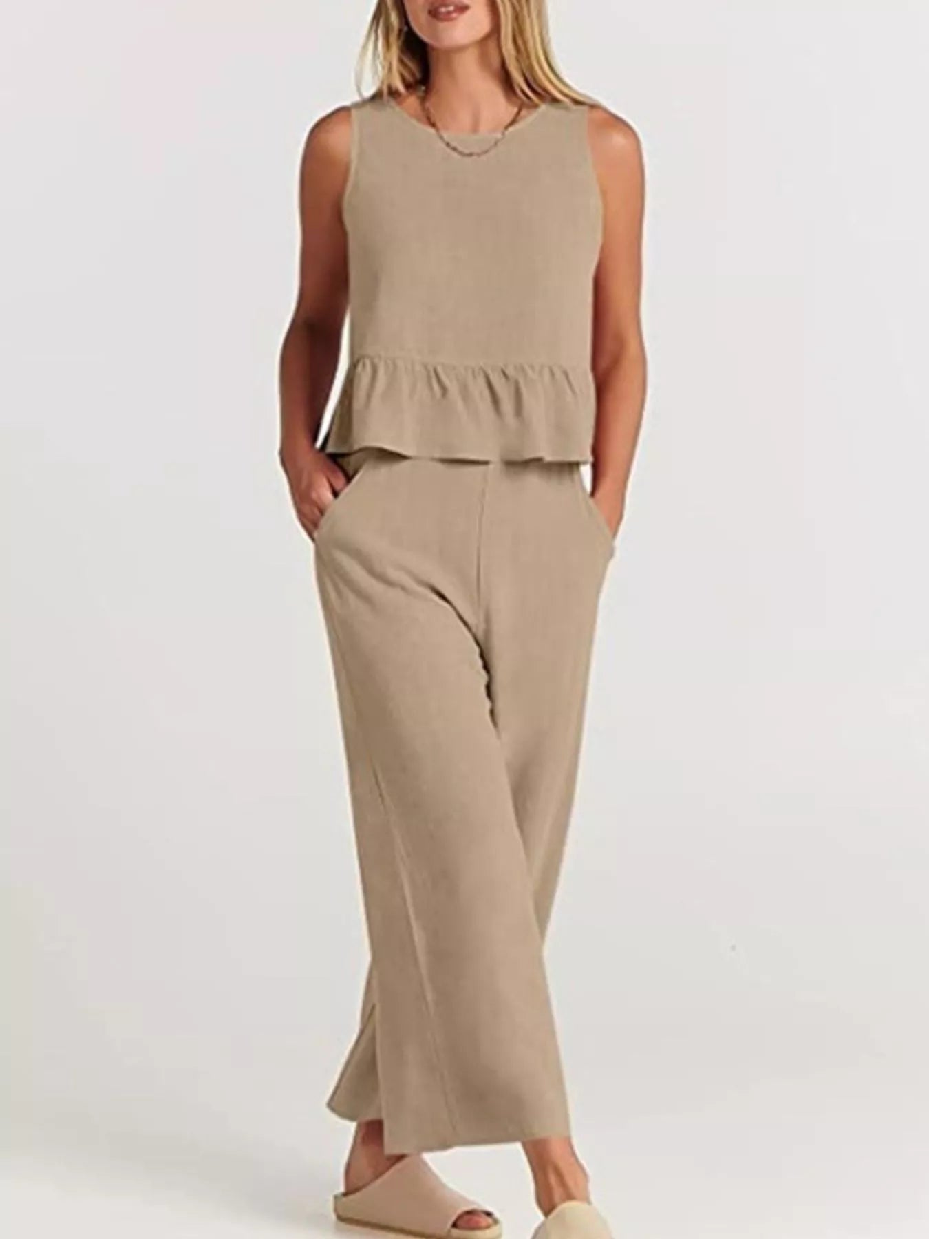 Full Size Ruffled Hem Sleeveless Top and Wide-Leg Pants Set Plus Size