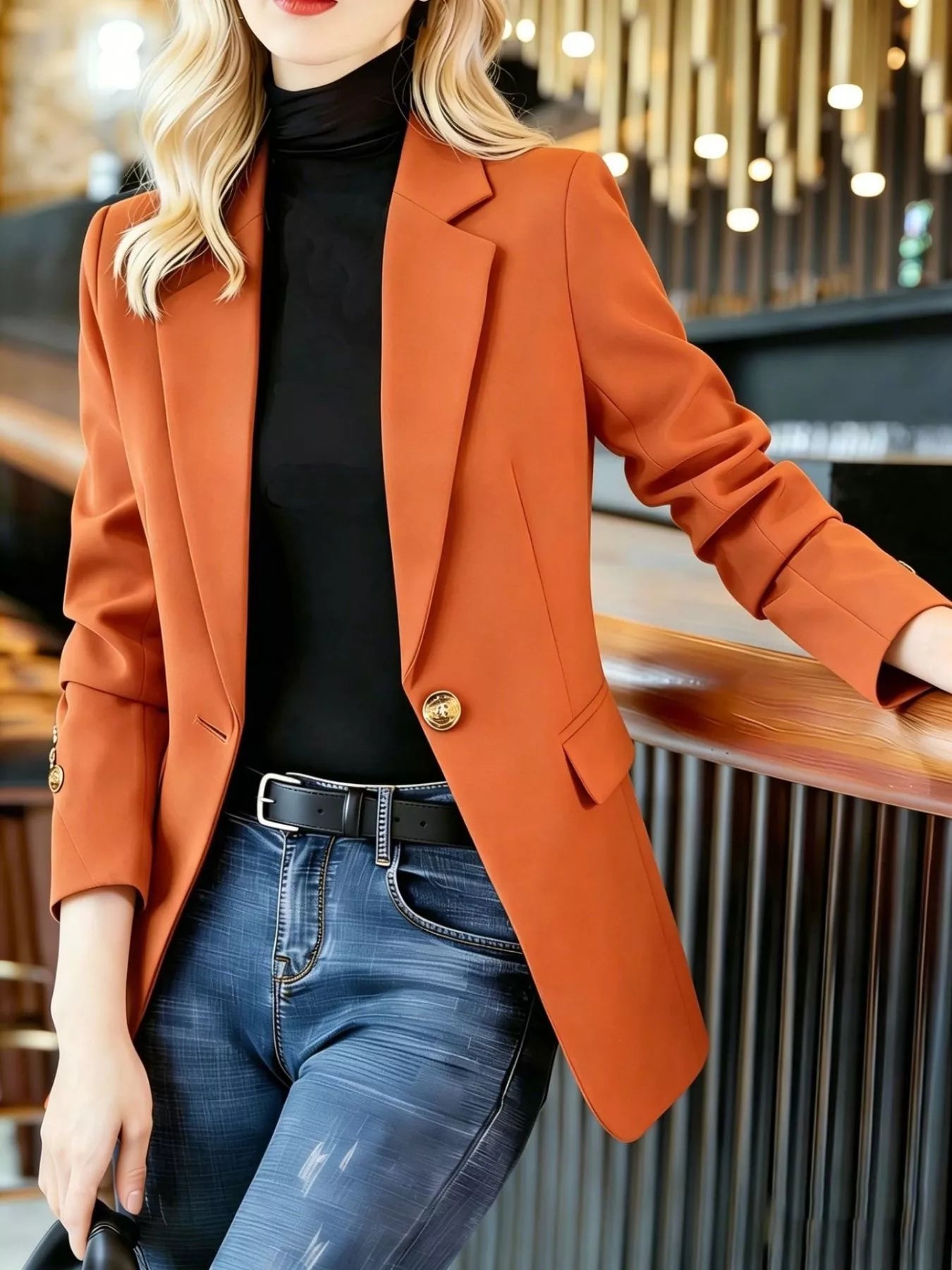 Full Size One Button Lapel Collar Blazer Plus Size