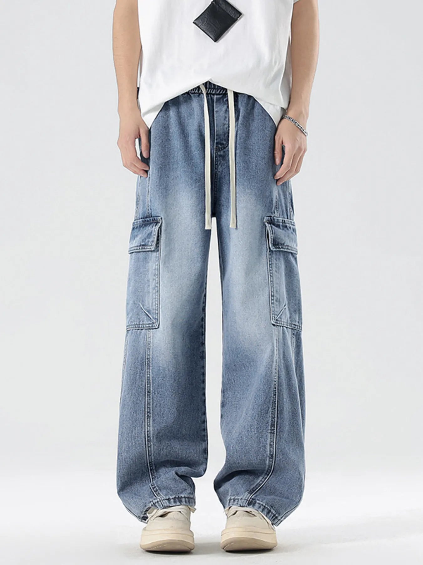 Men's Plus Size Wash Wide Leg Cargo Jeans