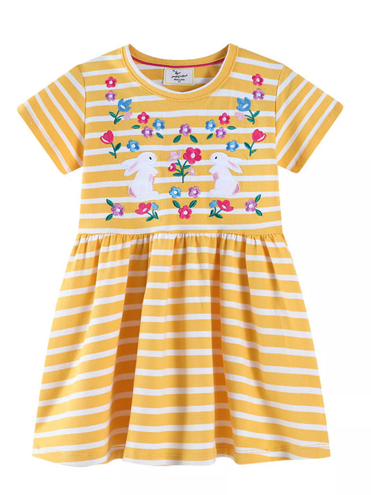 Children's Striped Bunny Embroidered Round Neck Dress