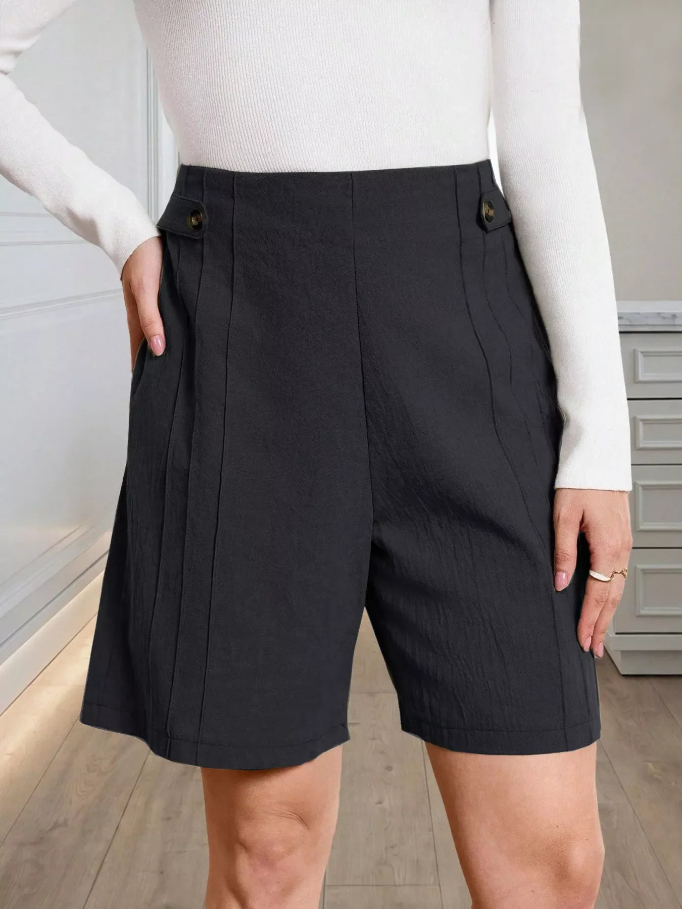 High-Waisted Pleated Shorts with Button Detail