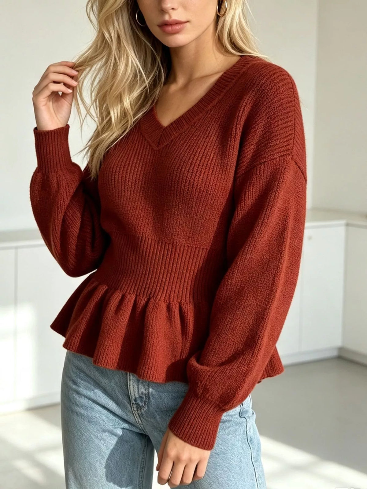 V-Neck Peplum Hem Ribbed Knit Top