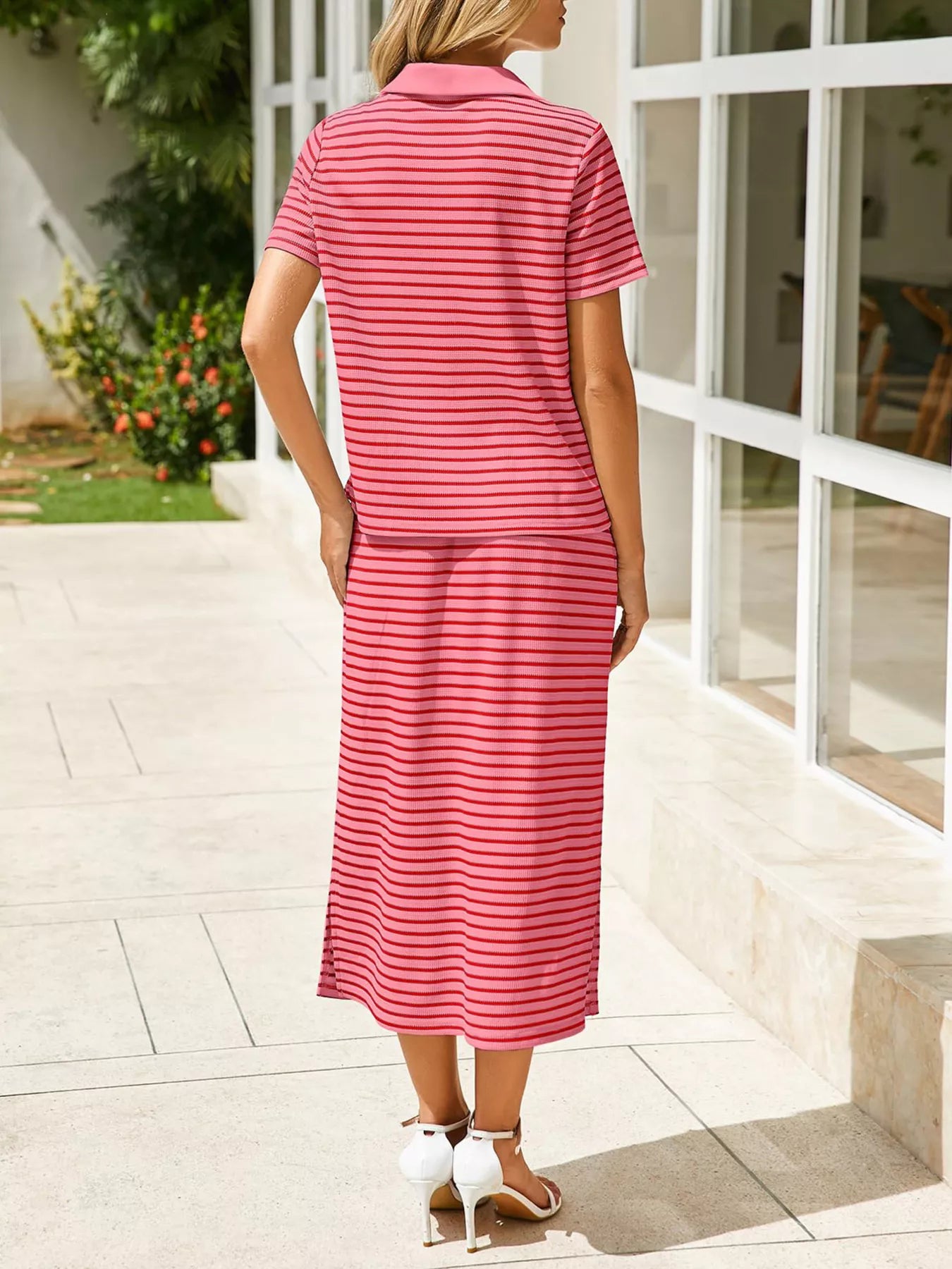 Striped Polo Collar Top and Slit Skirt Two-Piece Set