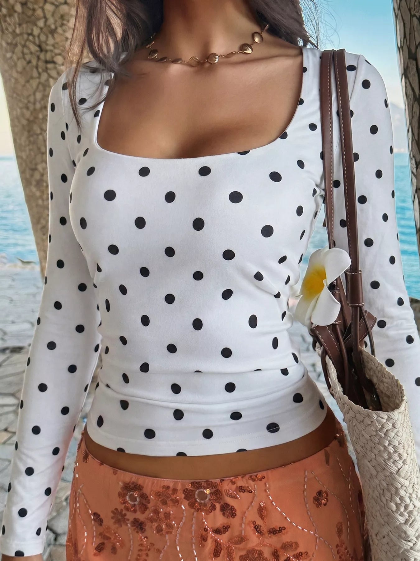 Polka Dot Square Neck Long Sleeve T-Shirt