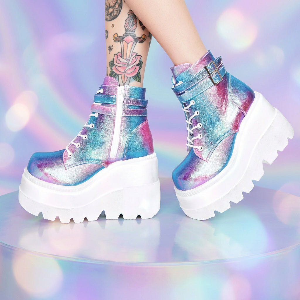 Women's Lace-Up Platform Ankle Boots with Buckle Straps