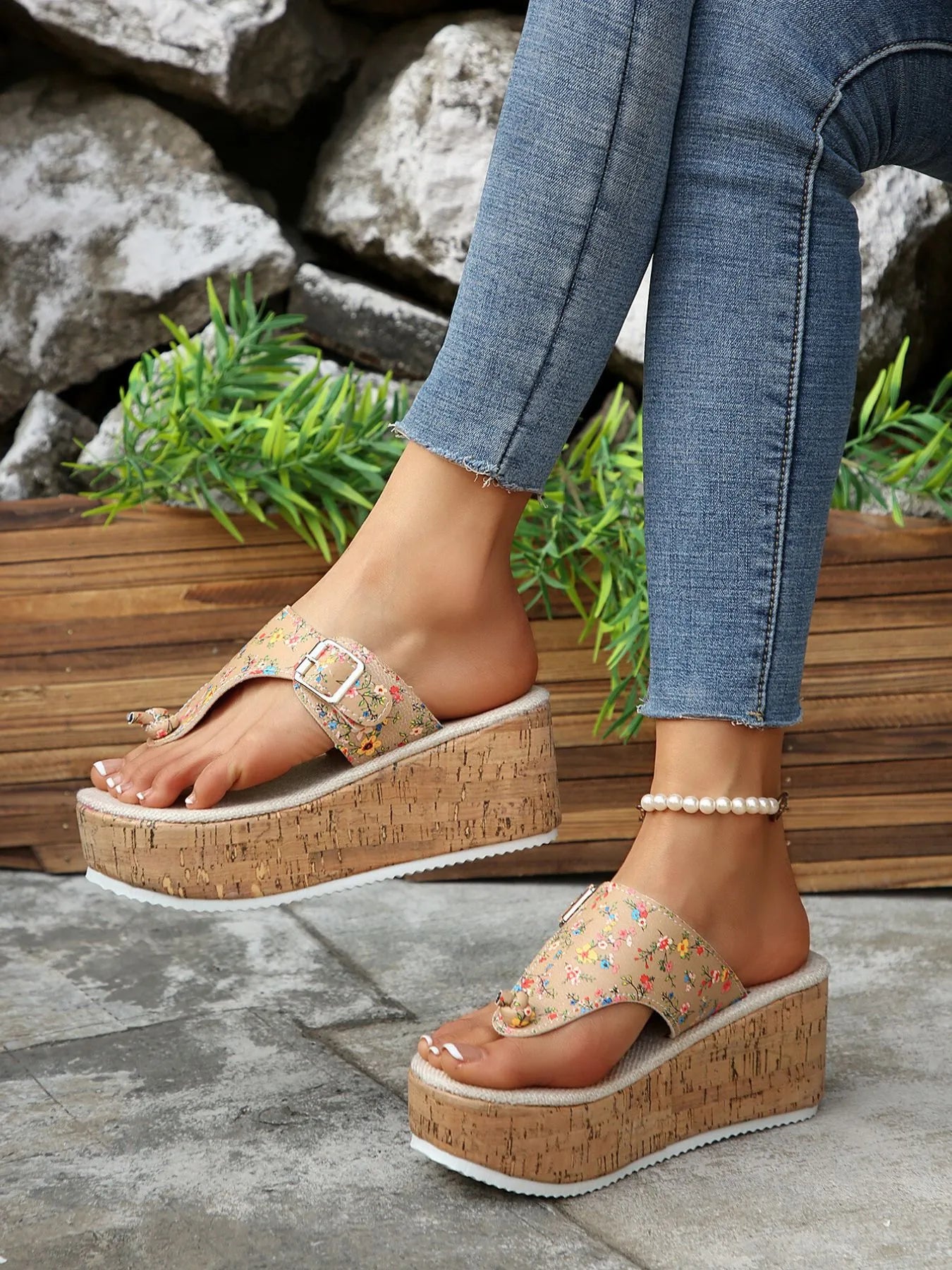 Floral Print Wedge Platform Sandals