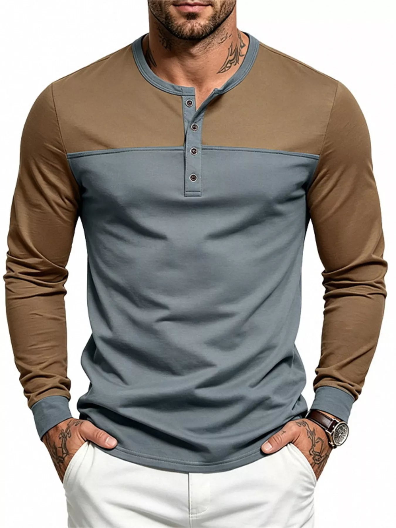Men's Full Size Color-Block Long Sleeve Henley T-Shirt Plus Size