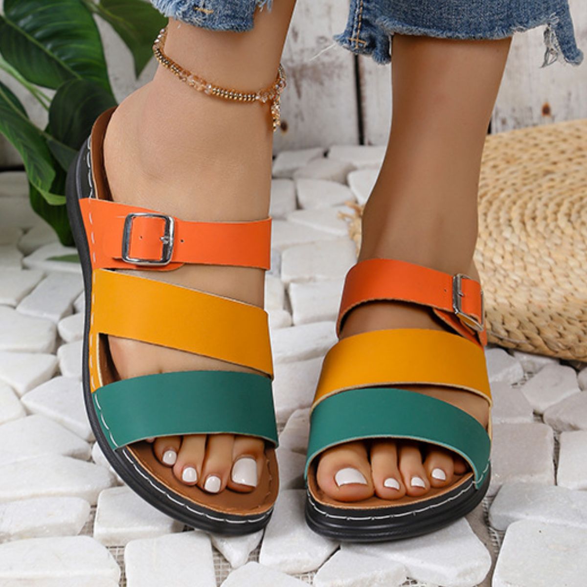 Color Block Adjustable Buckle Comfort Sandals