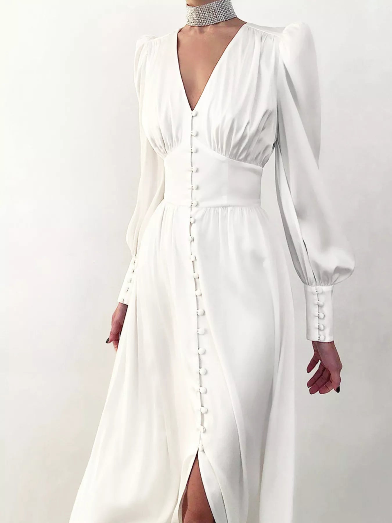 Elegant V-Neck Puff Sleeve Button-Down Midi Dress