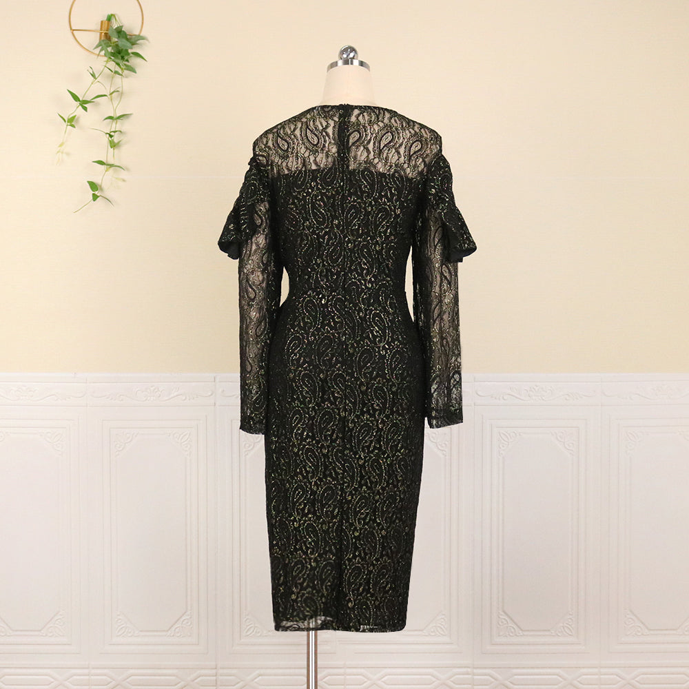 Black Solid Lace Pullover Irregular Large Size Long Sleeve Dress