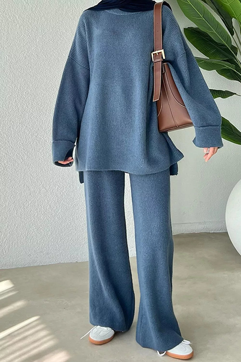 Dropped Shoulder Knit Sweater and Wide Leg Pants Set
