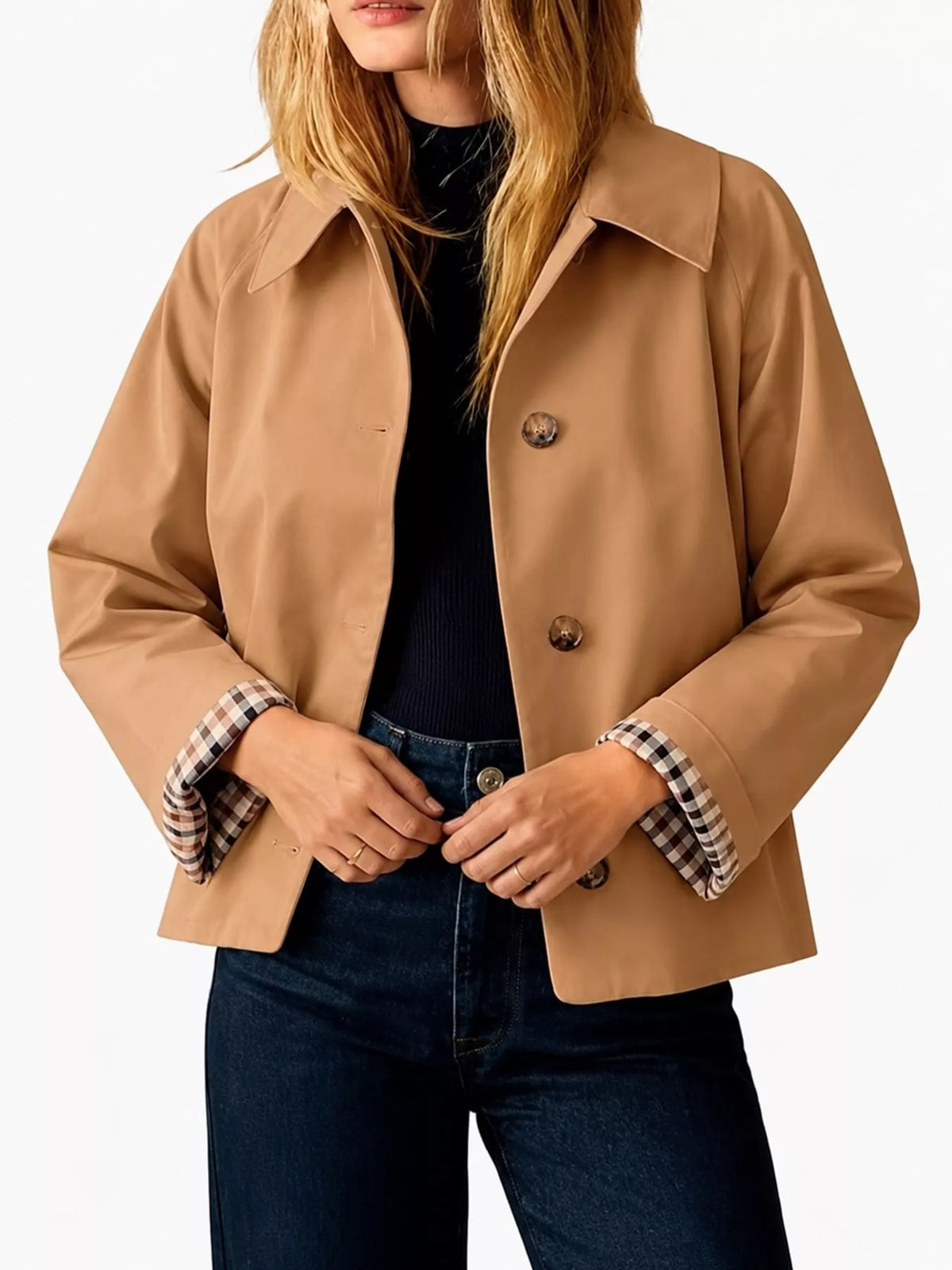 Plaid Cuffs Cropped Trench Outerwear