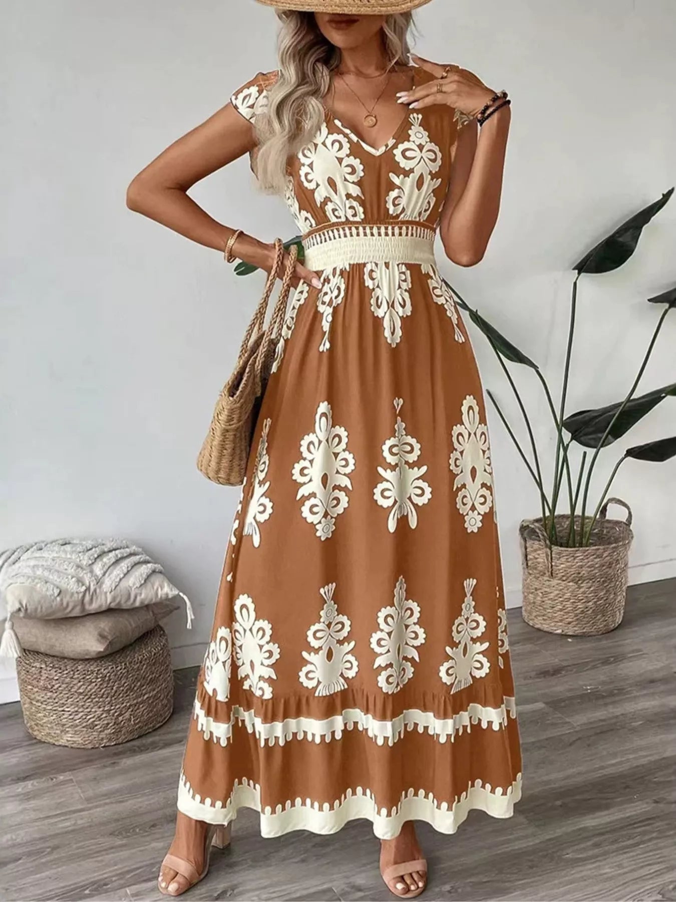 Ruffled Printed V-Neck Maxi Dress