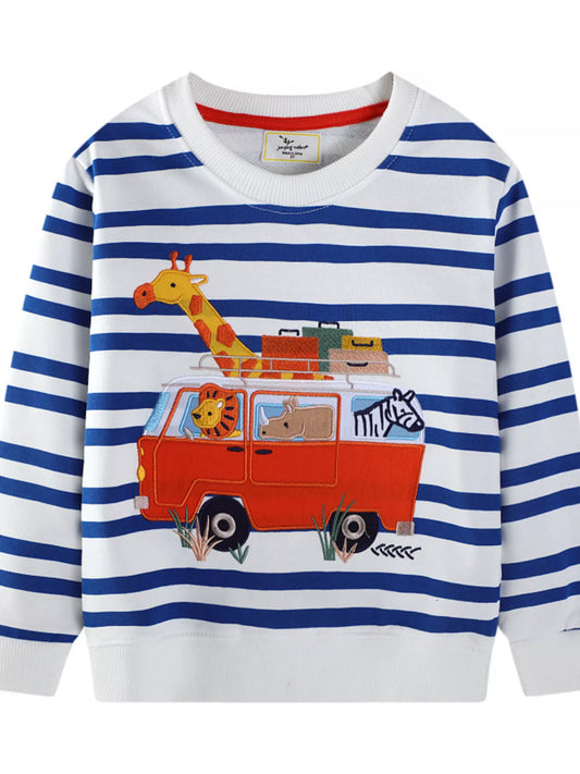 Children's Striped Animal Adventure Embroidered Sweatshirt