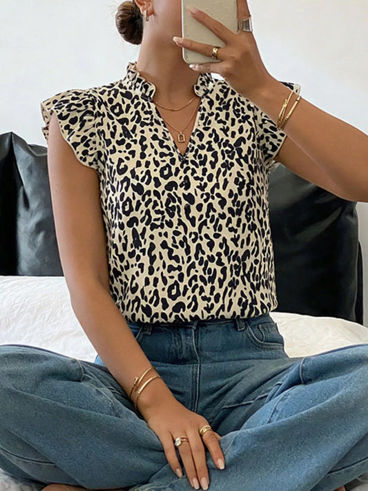 Leopard Print Ruffle Sleeve Blouse