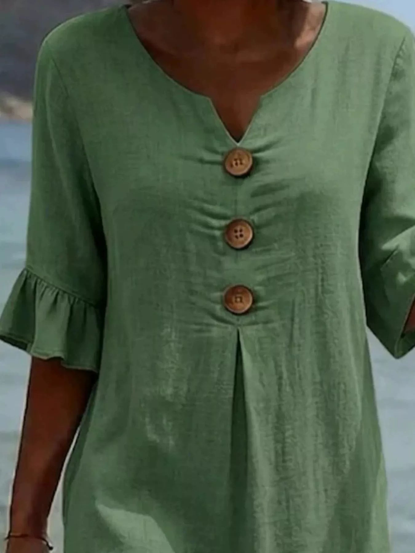 Full Size Casual Decor Button Dress with Ruffle Sleeves Plus Size