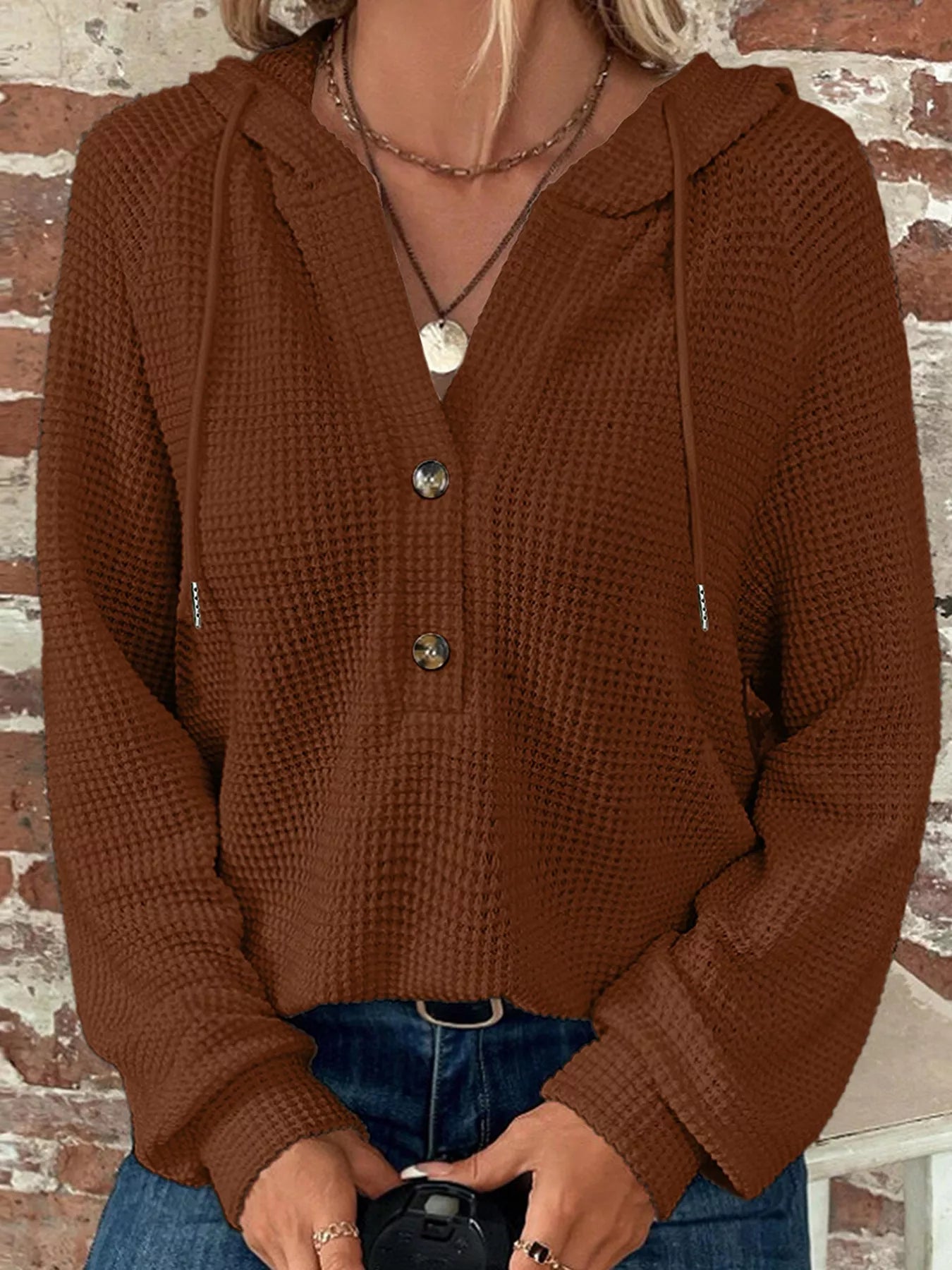 Waffle Knit Hooded Top with Drawstring