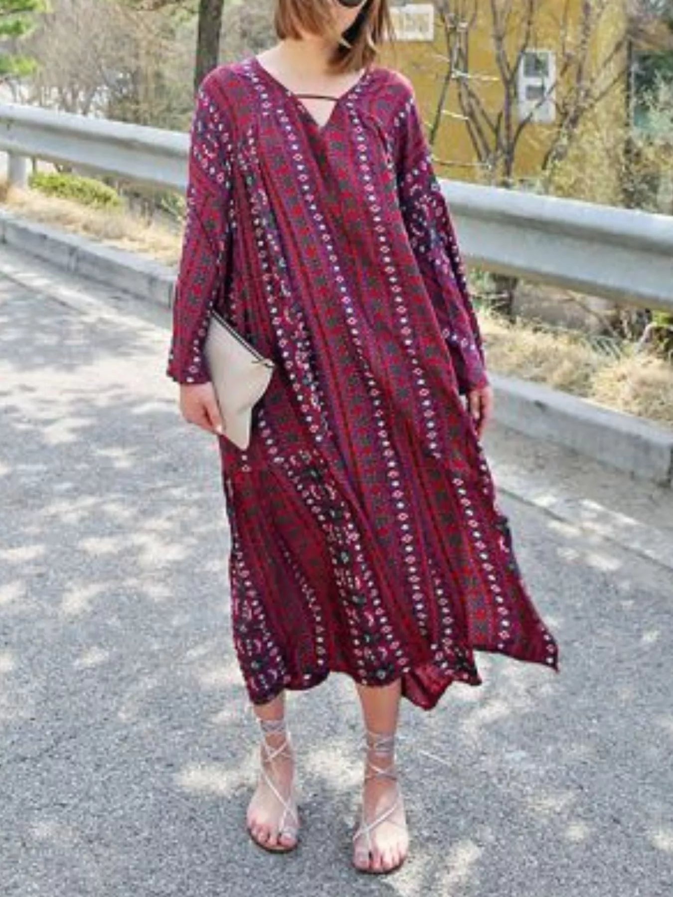 Bohemian Print Midi Dress with Side Slits