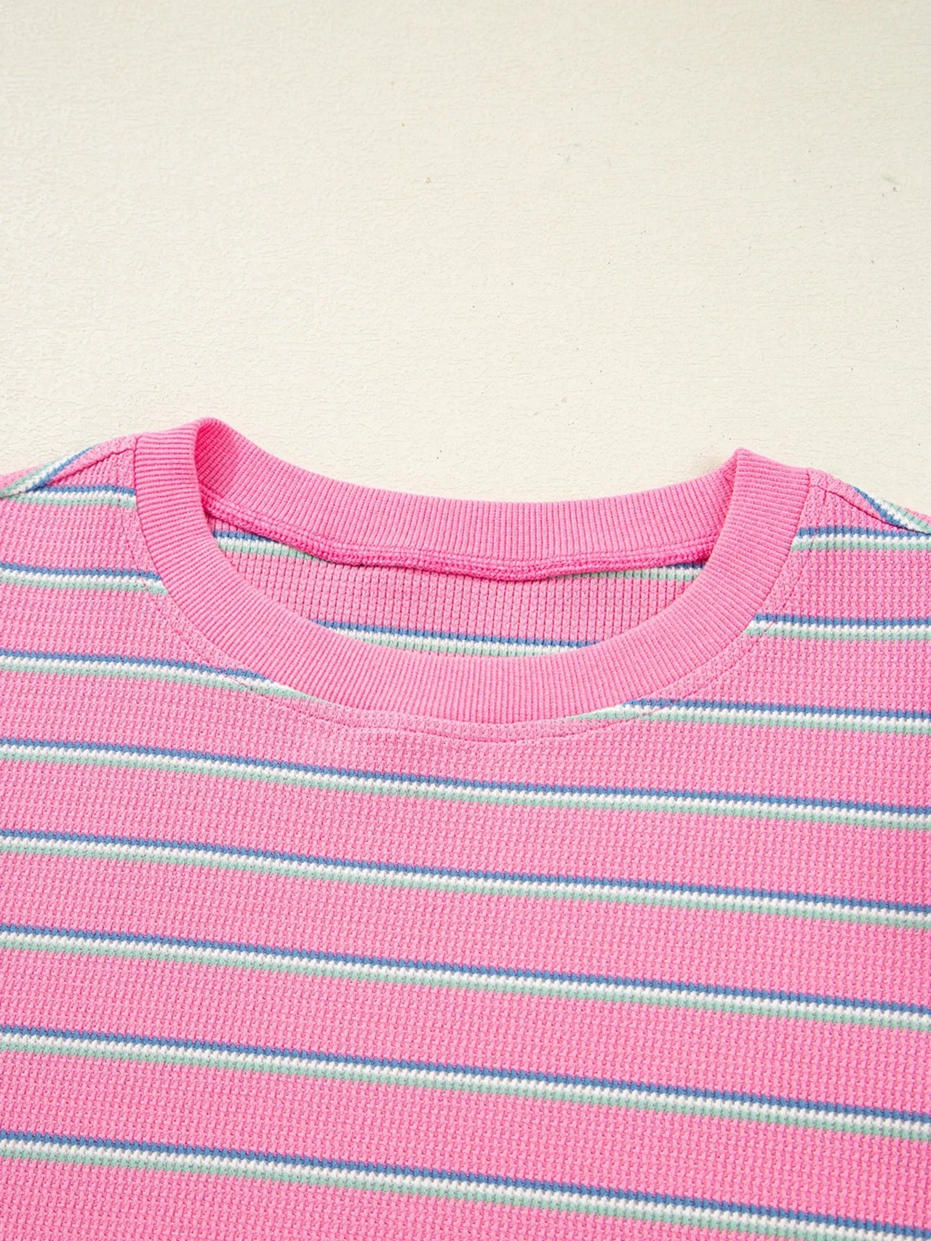 Stripe Textured Knit Round Neck Puff Sleeve Top