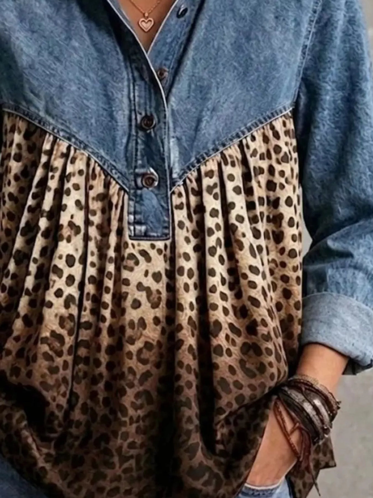 Full Size Leopard Button Detail Blouse Plus Size