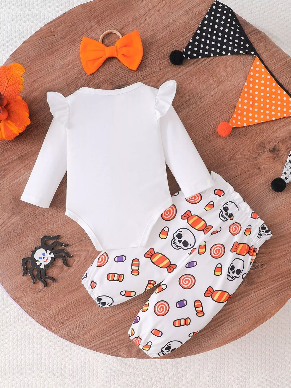 Children's Halloween Skull Print Long Sleeve Bodysuit and Pants Set with Bow Headband