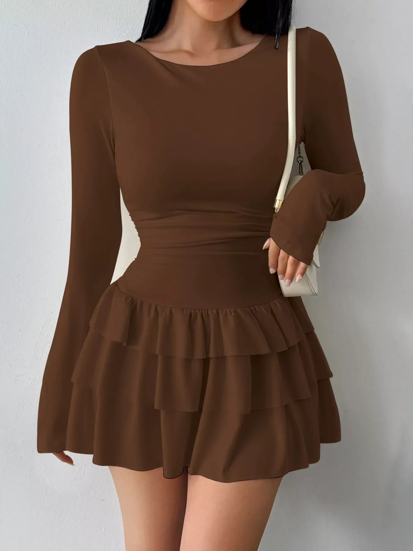 Ruched Long Sleeve Layered Ruffle Mini Dress