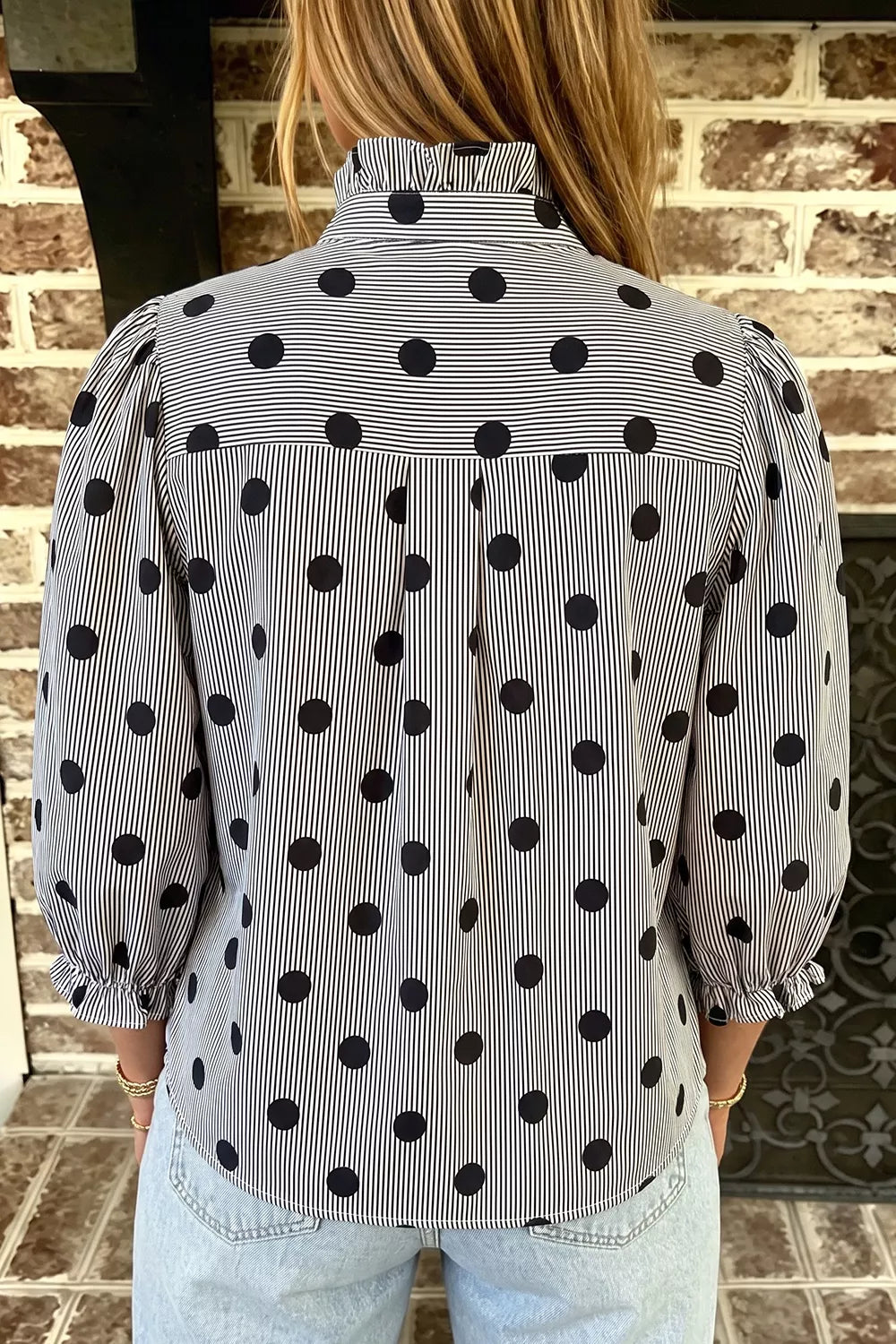 Polka Dot Ruffled Stand-Collar Shirt