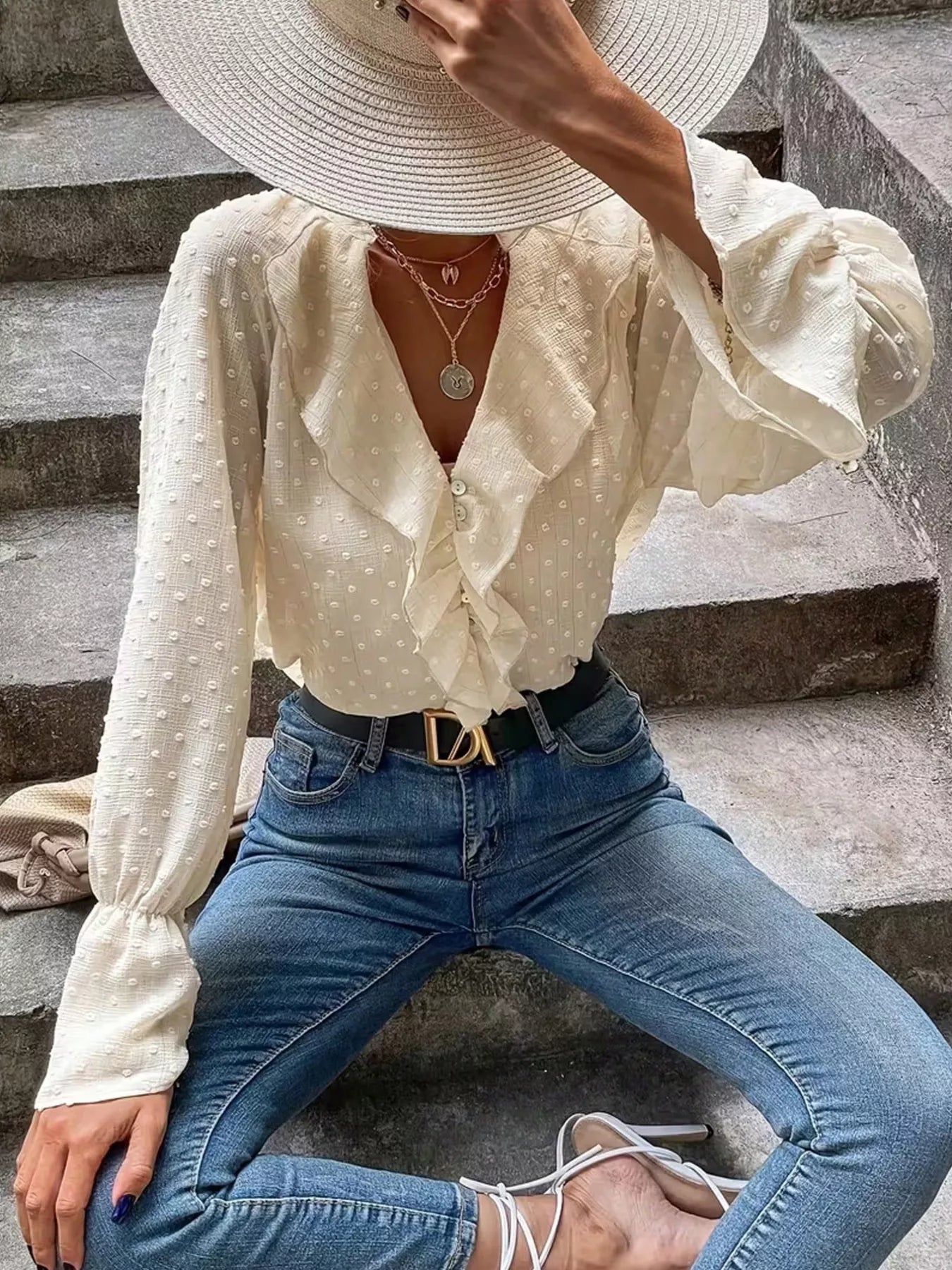 Elegant Ruffled Swiss Dot Blouse
