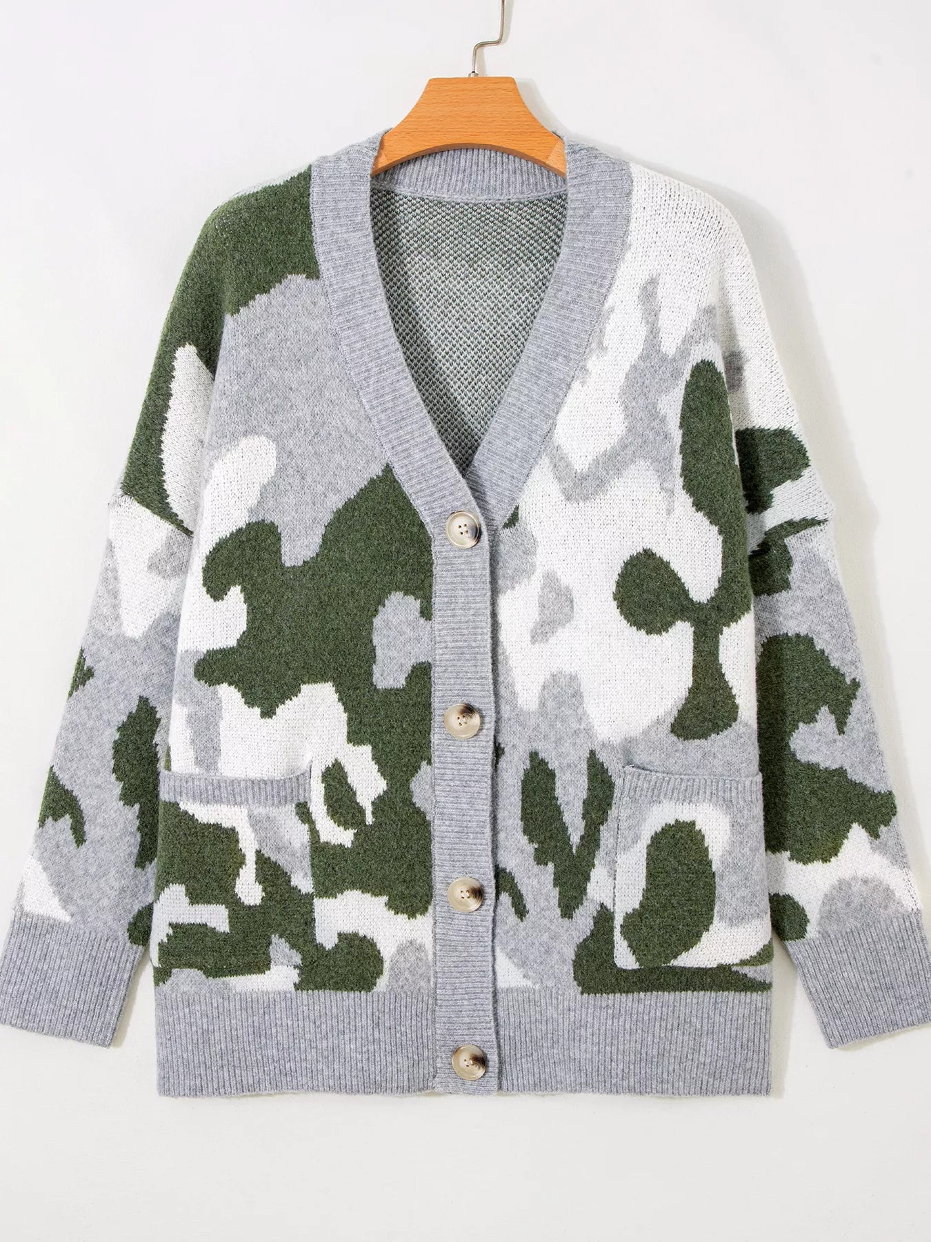 Camouflage Drop Shoulder V Neck Button Front Cardigan