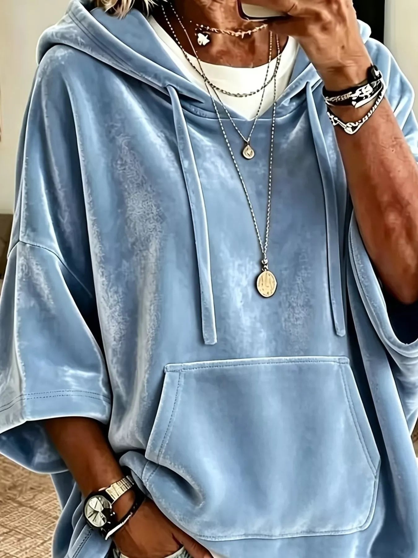 Full Size Velvet 3/4 Sleeve Hoodie with Kangaroo Pocket Plus Size