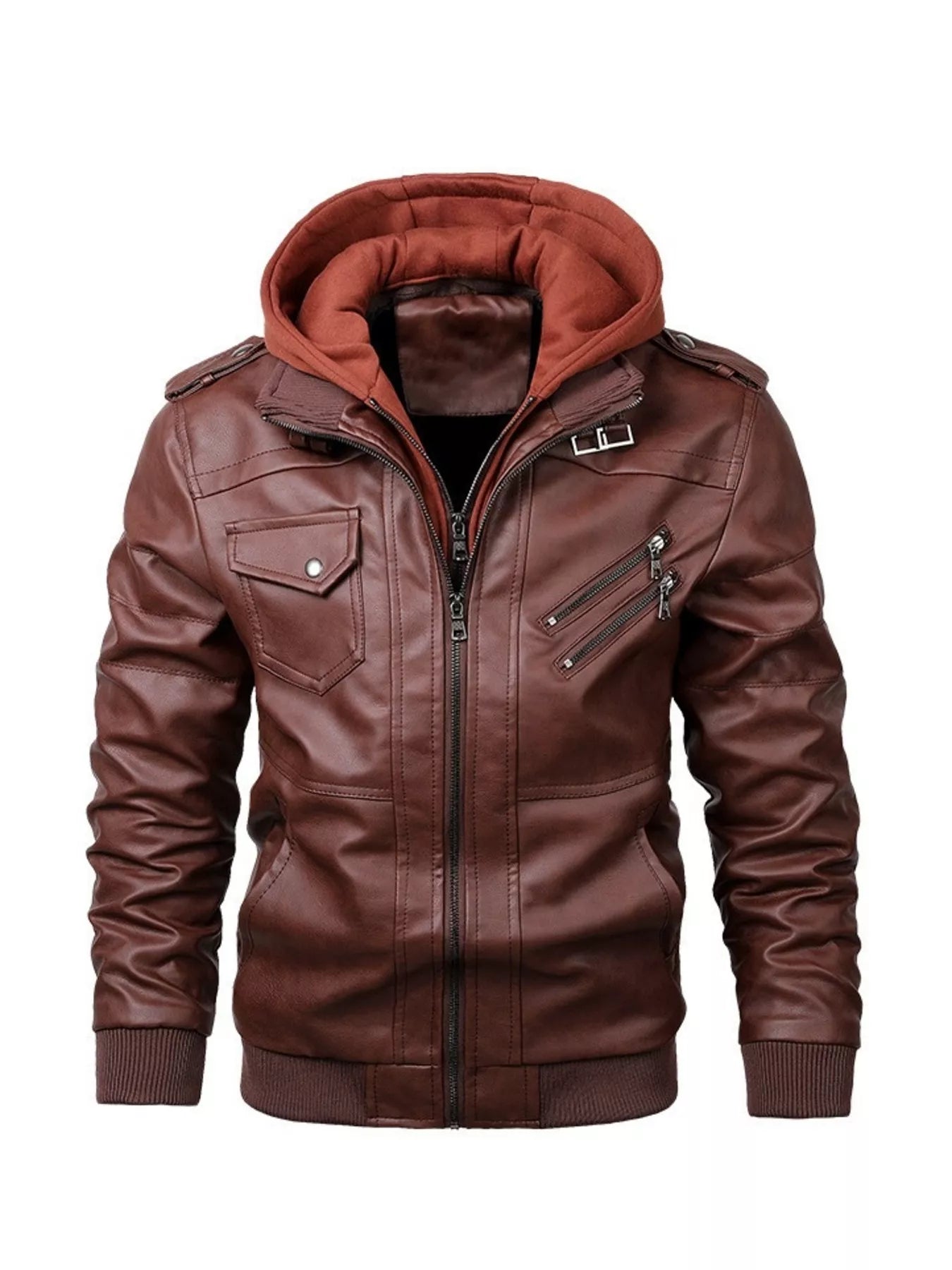 Men's Full Size Hooded Faux Leather Moto Jacket Plus Size