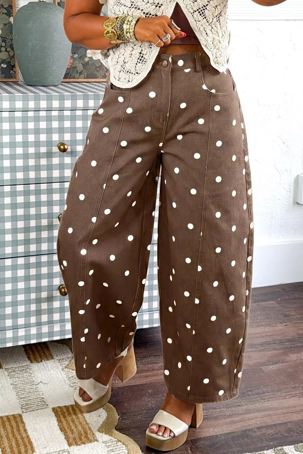 Tailored Seam Polka Dot Print Barrel Casual Jeans