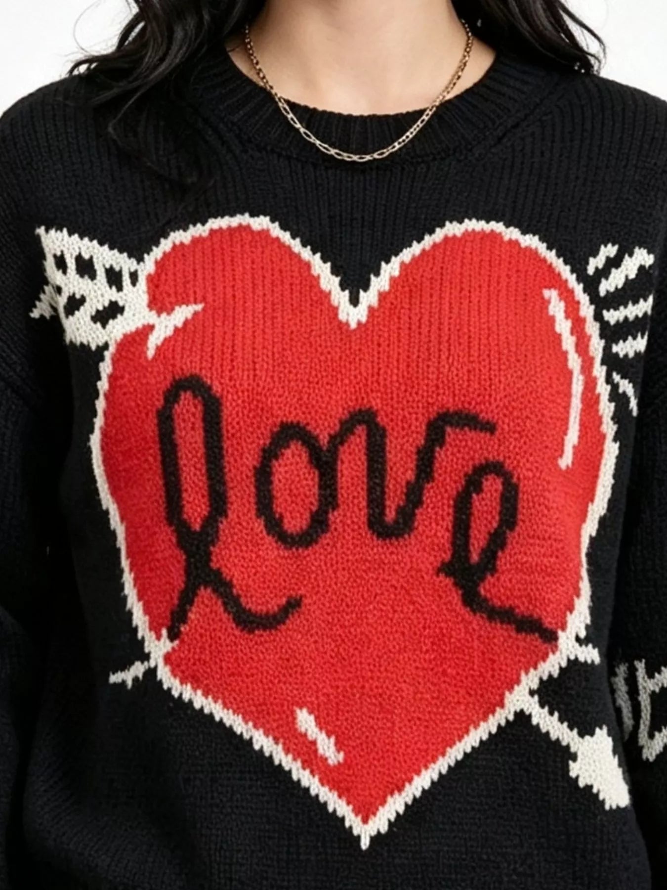 Heart Round Neck Ribbed Sweater