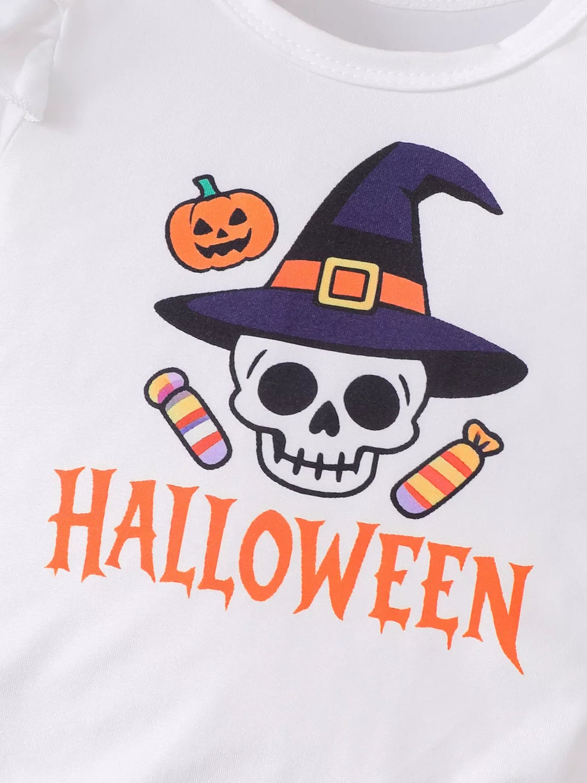 Children's Halloween Skull Print Long Sleeve Bodysuit and Pants Set with Bow Headband