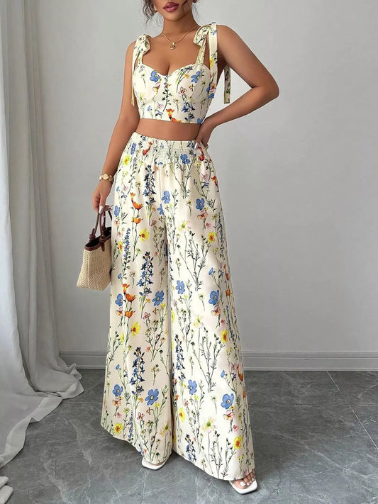 Floral Print Tie-Shoulder Crop Top & Wide Leg Pants Set