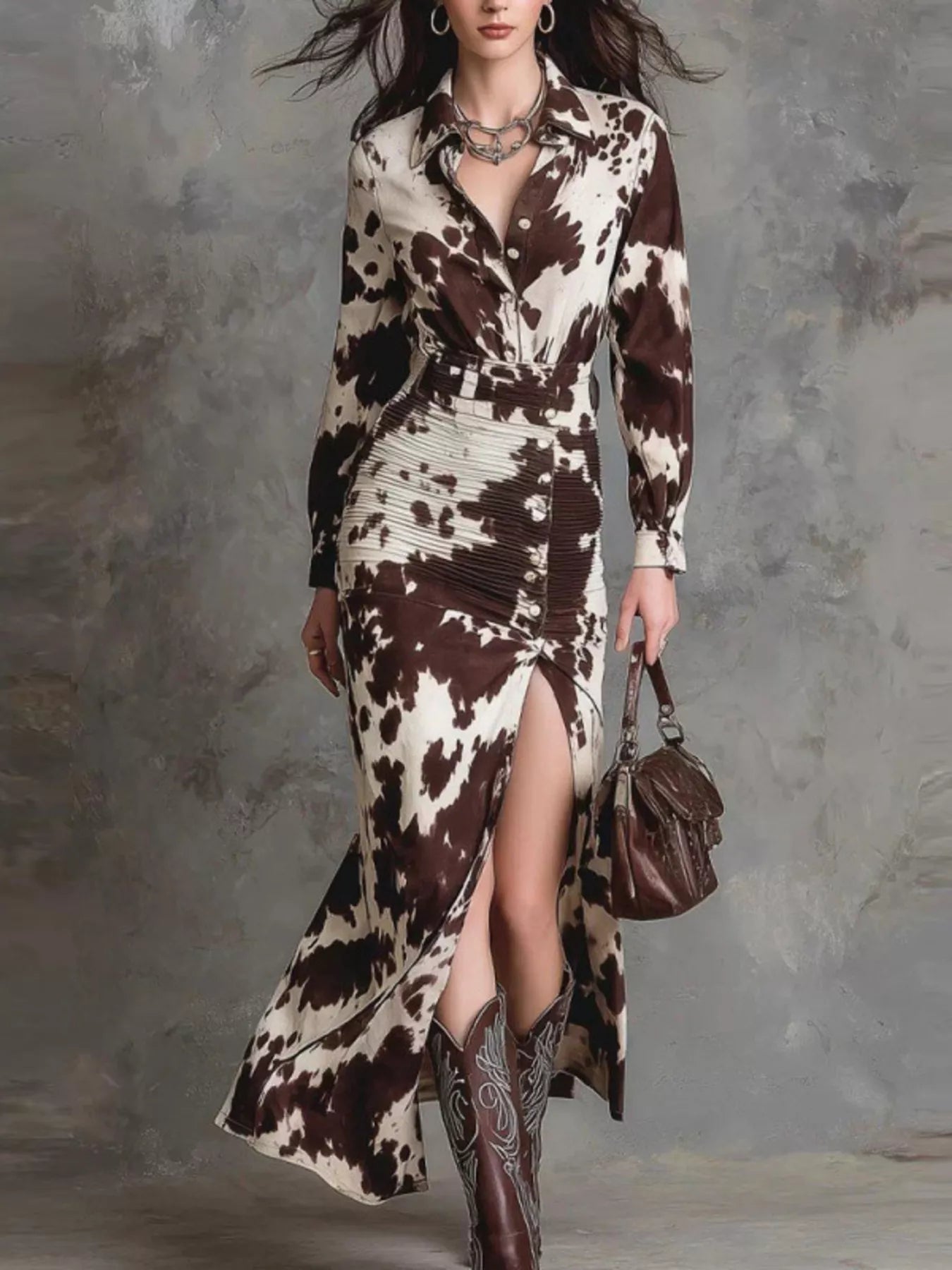 Cow Print Ruched Slit Shirt Maxi Dress