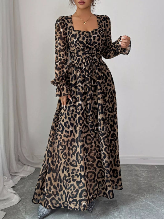 Leopard Sweetheart Neck Flounce Sleeve Maxi Dress