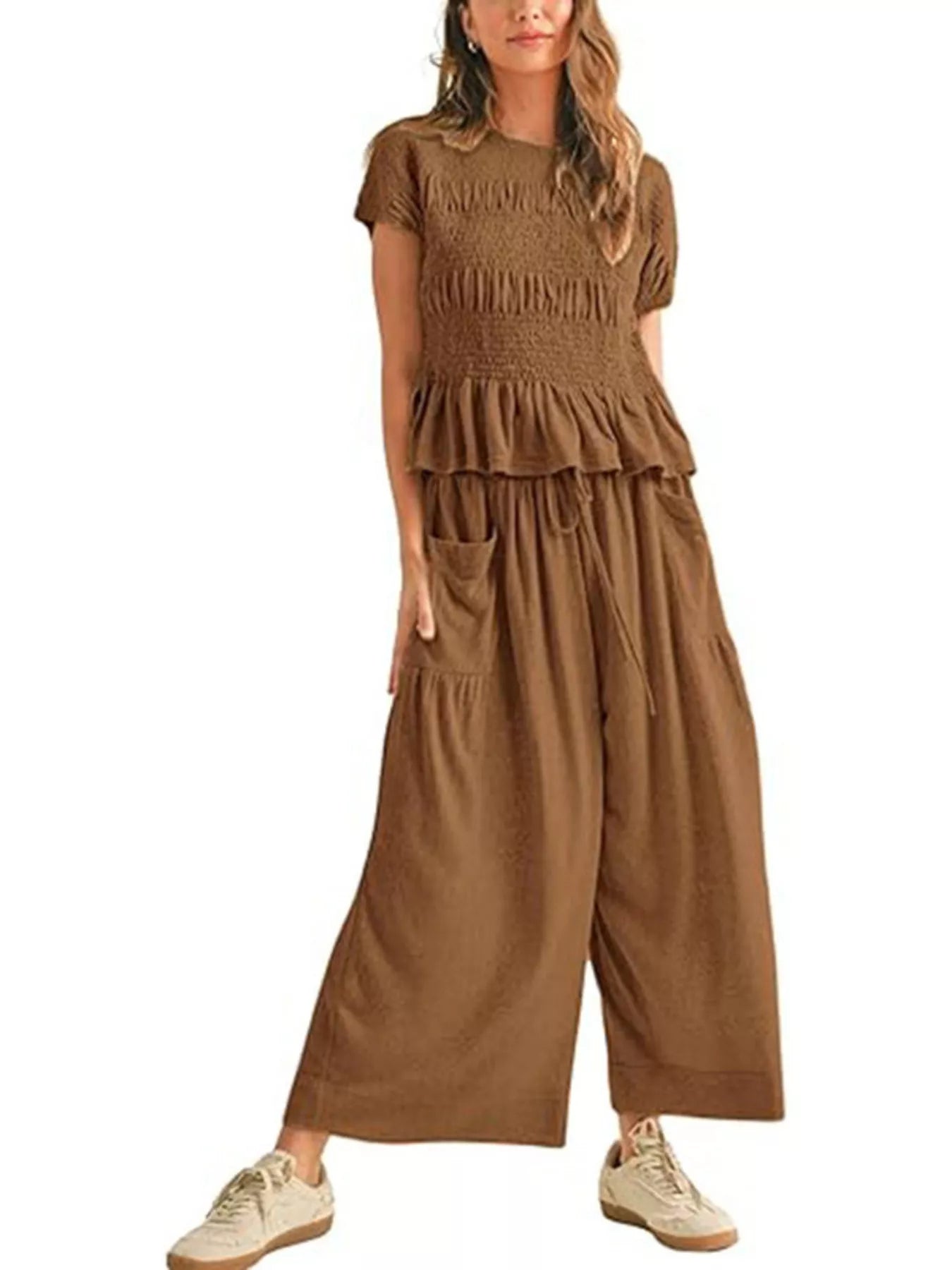 Smocked Peplum Top and Wide-Leg Pants Set