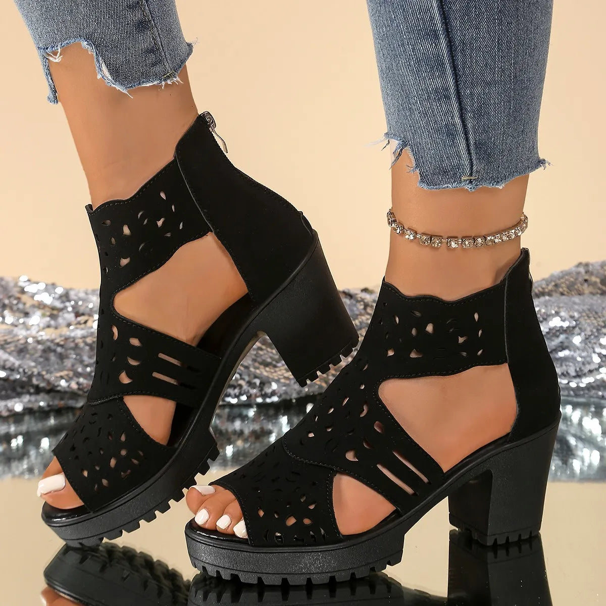 Cutout Block Heels Sandals