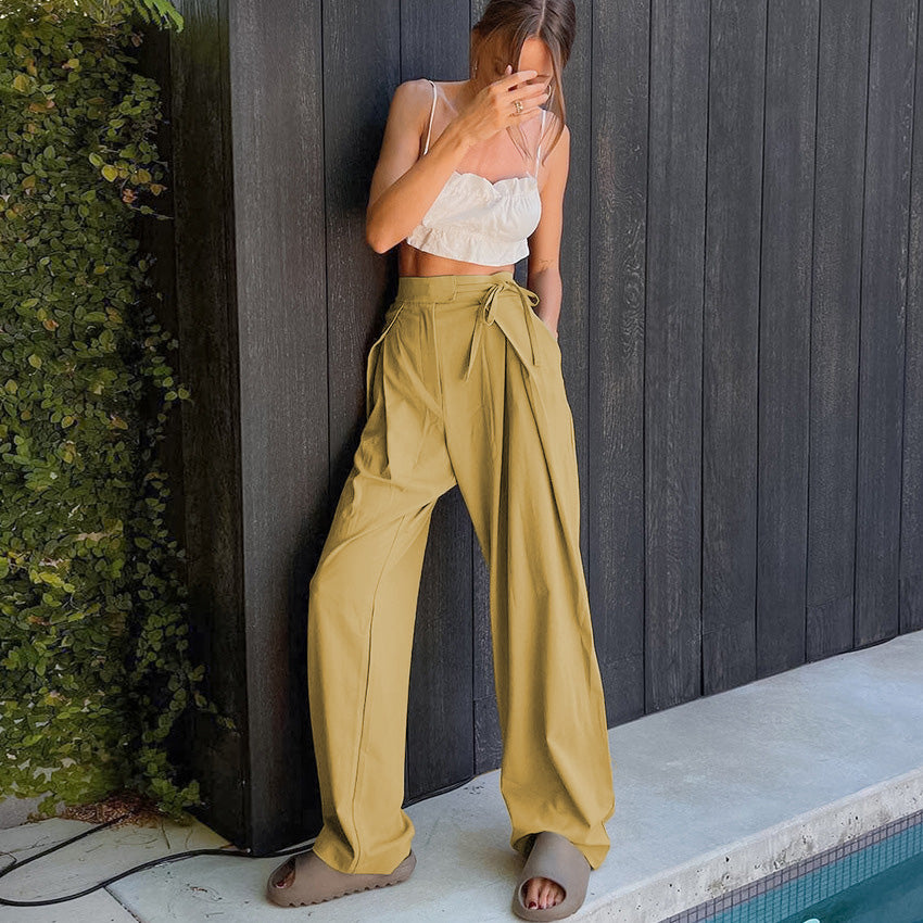 Women's High-Waist Drawstring Wide-Leg Floor-Length Pants