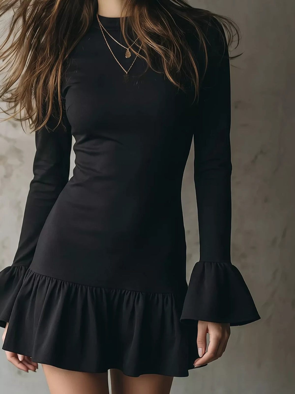 Long-Sleeve Ruffle Hem Mini Dress