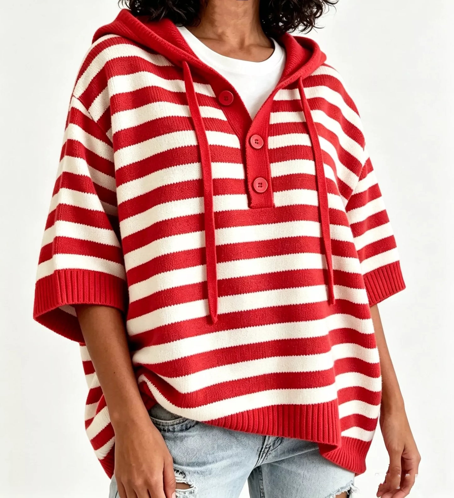 Striped Hooded Sweater with Button Detail