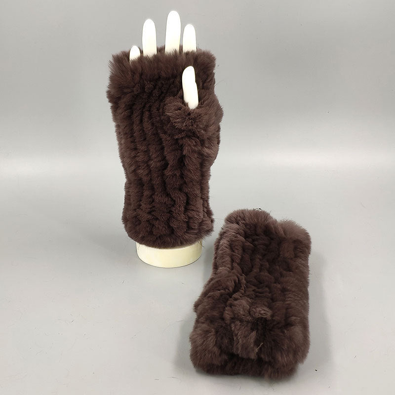 Winter Wristband Mid-Length Gloves - Rex Rabbit Fur Insulation With Striped Half-Finger Design