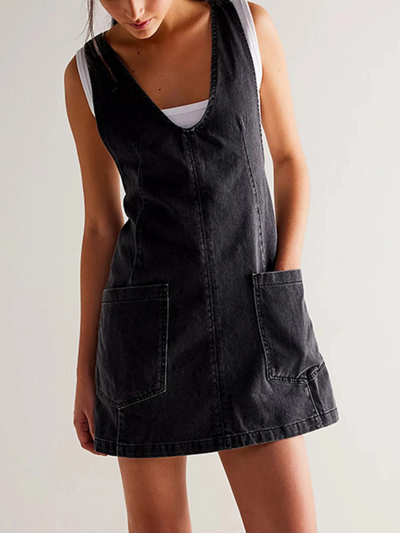 Oversized V-Neck Denim Tank Dress with Front Pockets
